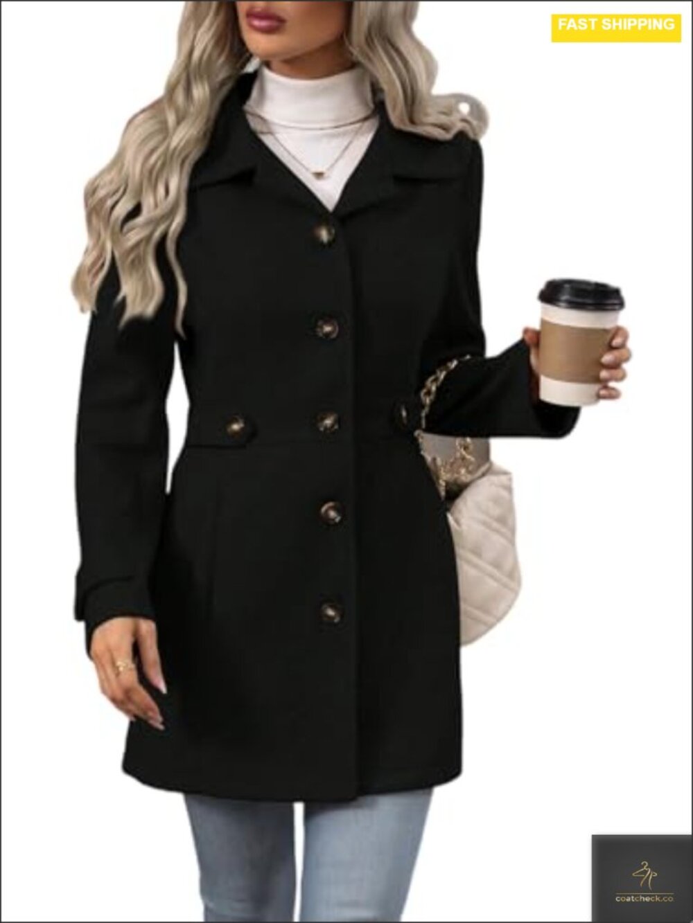 Women's Wool Blend Pea Coat Notched Lapel Single Breasted Winter Overcoat